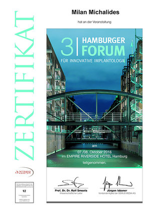 Zertifikat 2.Hamburger Foum für innovative Implantologie für Milan Michalides